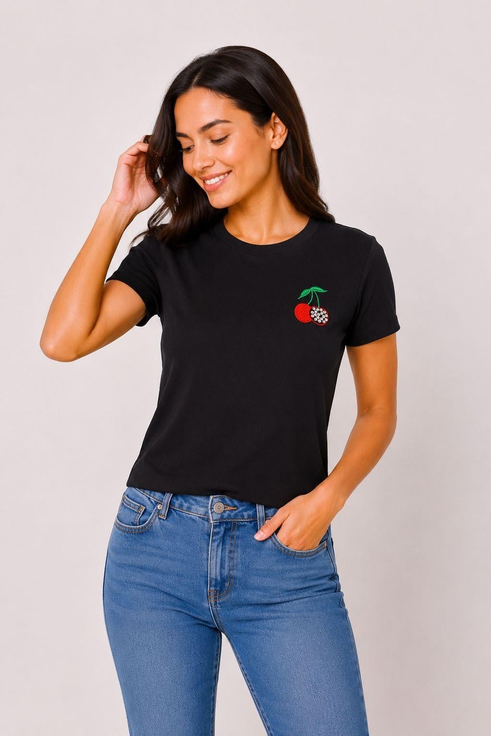 Kadın Kiraz Baskılı Bisiklet Yaka Crop Bluz Siyah