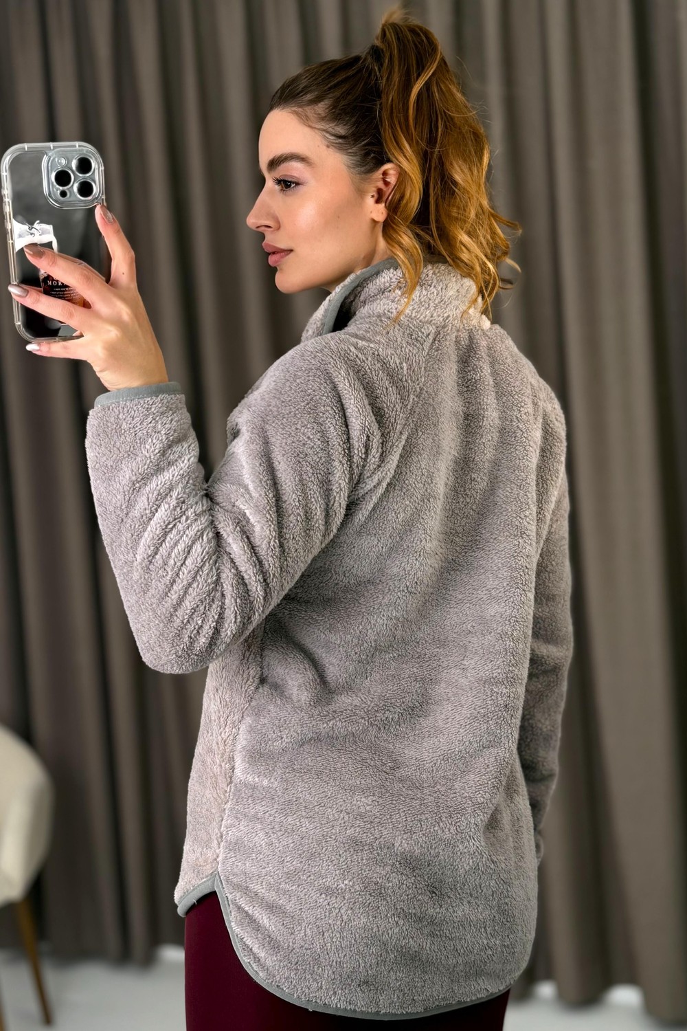 Kadın Yarım Fermuarlı  Welsoft Peluş Gri Sweatshirt 