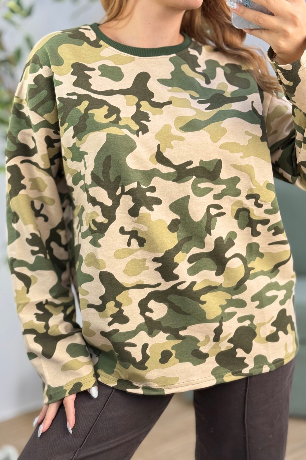 Kadın Kamuflaj Desenli Salaş Sweatshirt