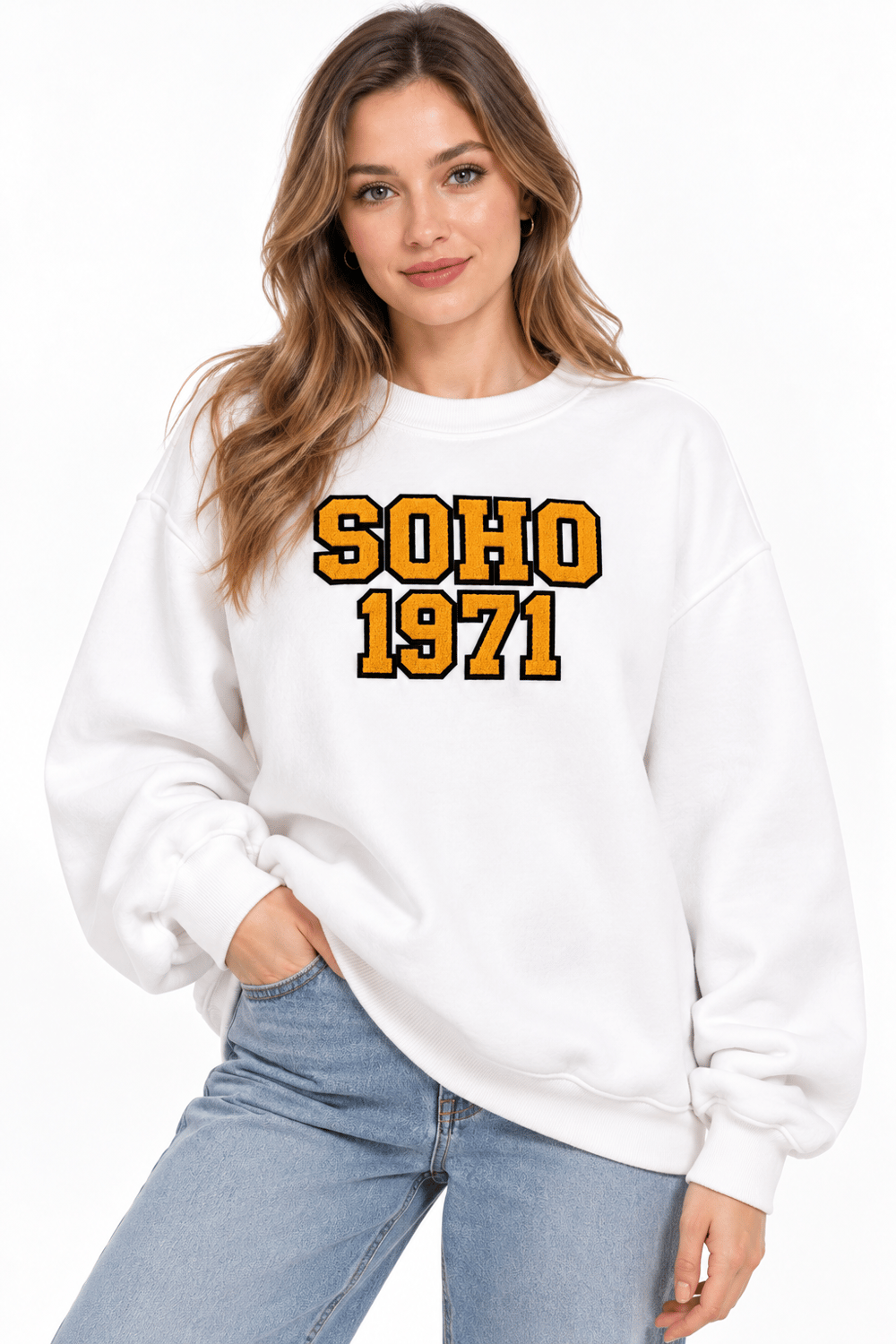 Kadın Bisiklet Yaka Şardonlu Oversize Baskılı Sweatshirt Beyaz