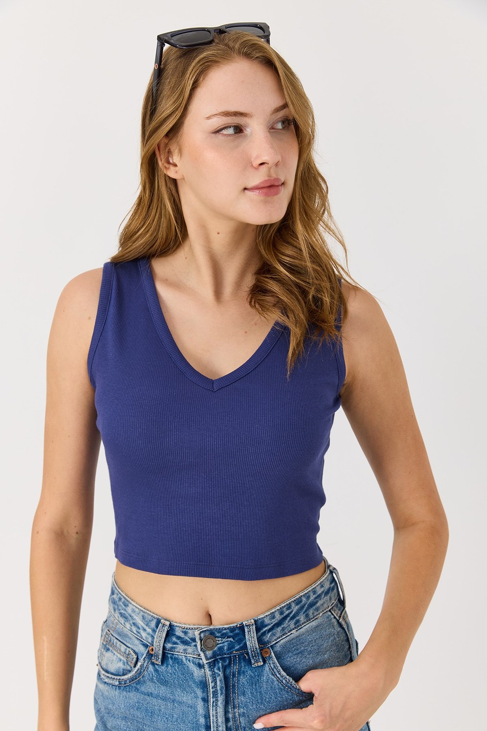 Kadın V Yaka Kaşkorse Crop Bluz Lacivert