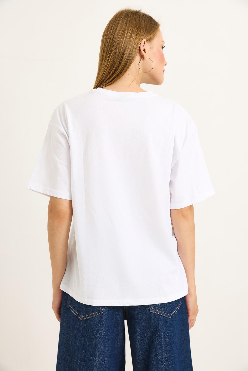 Baskılı Bisiklet Yaka Kadın Tshirt Beyaz