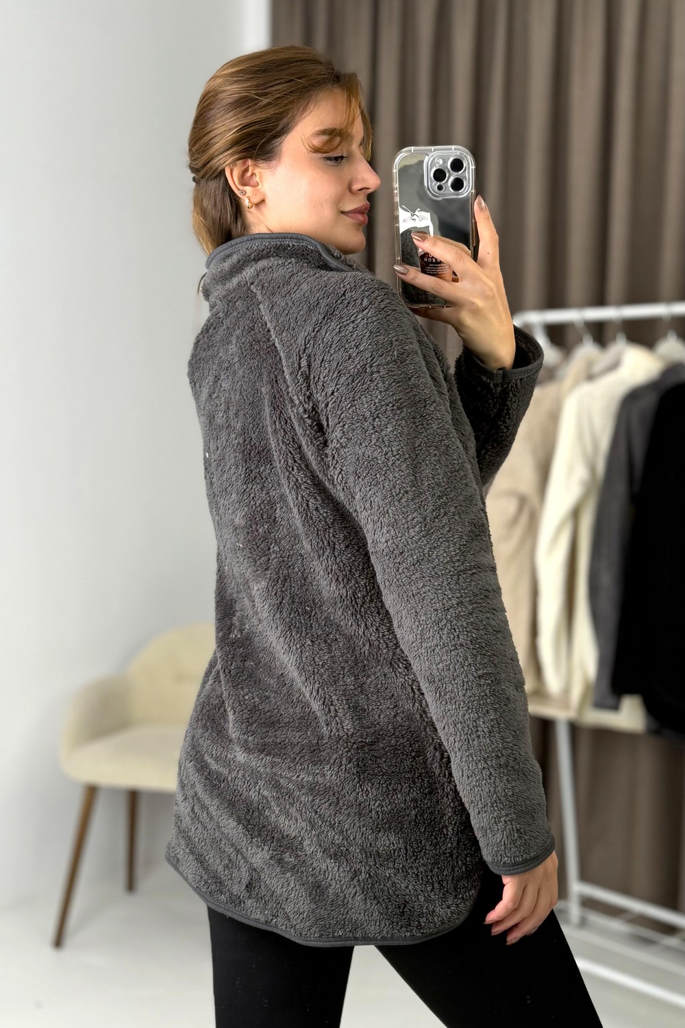 Kadın Yarım Fermuarlı  Welsoft Peluş Antrasit Sweatshirt 