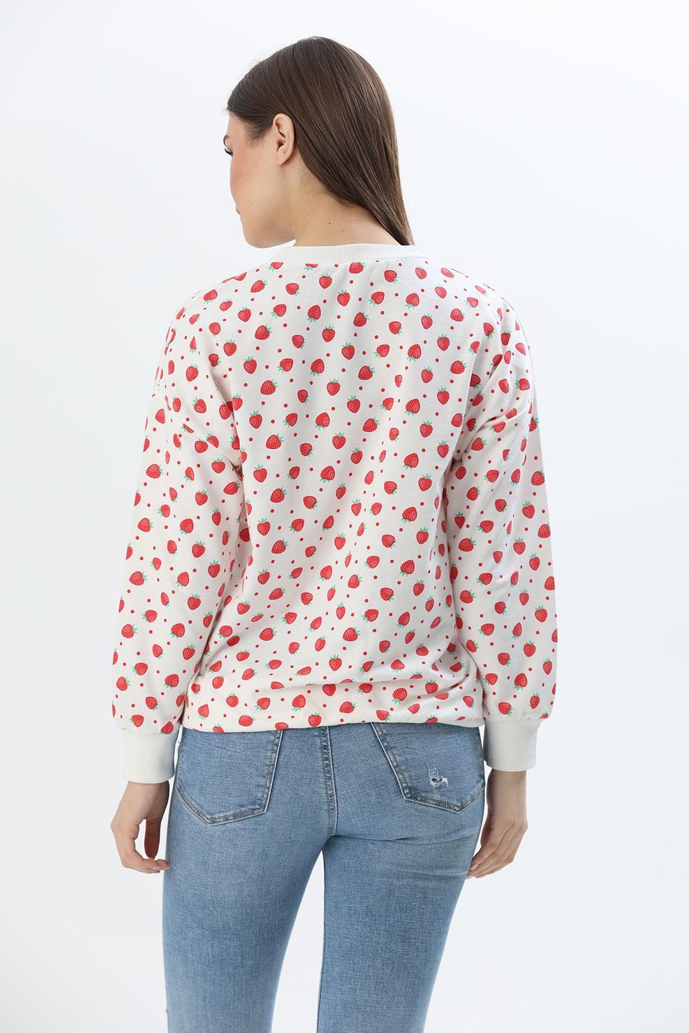 Çiçek Desen İki İplik Sweatshirt Beyaz