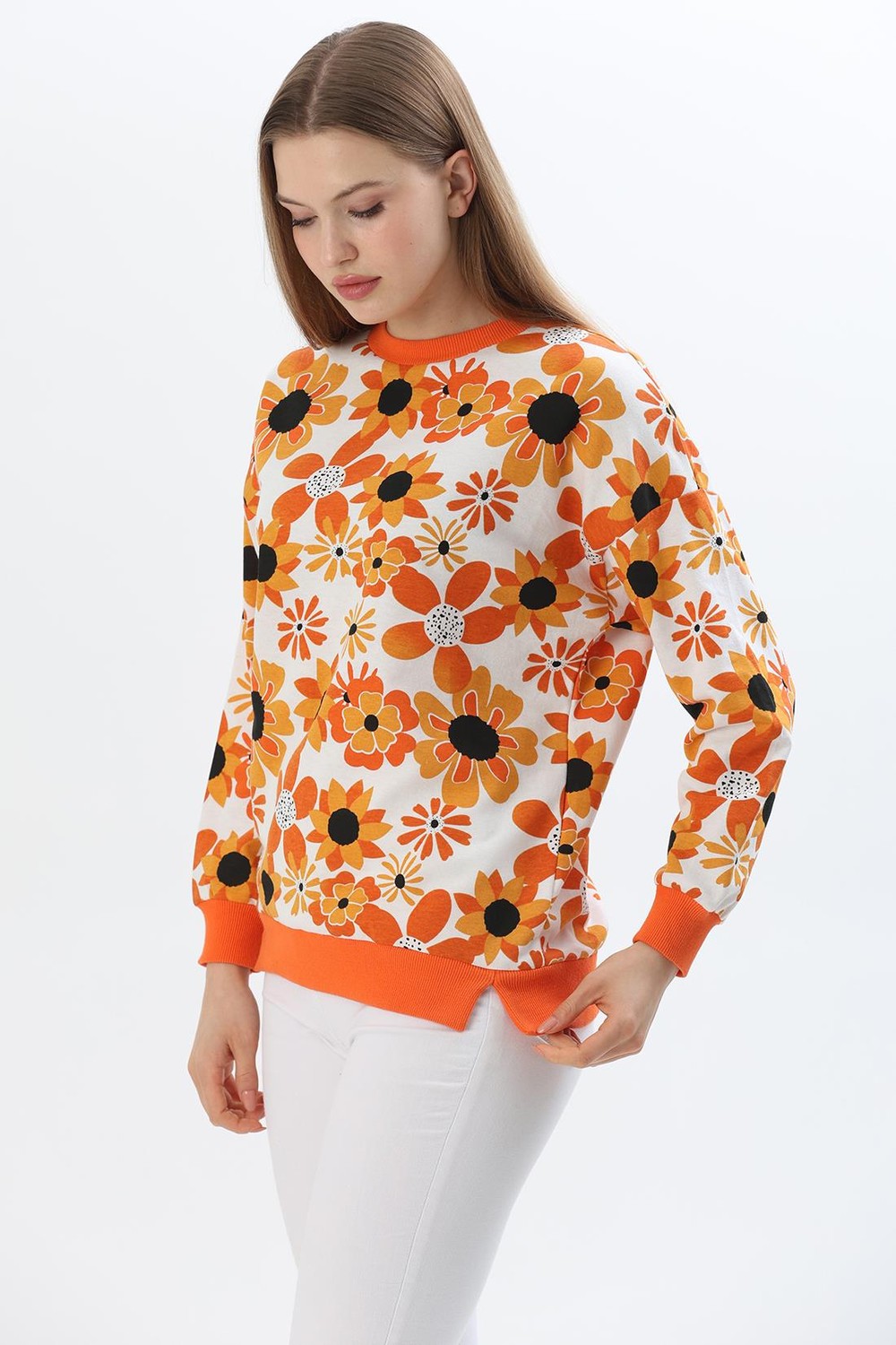 Çiçek Desen İki İplik Sweatshirt Turuncu