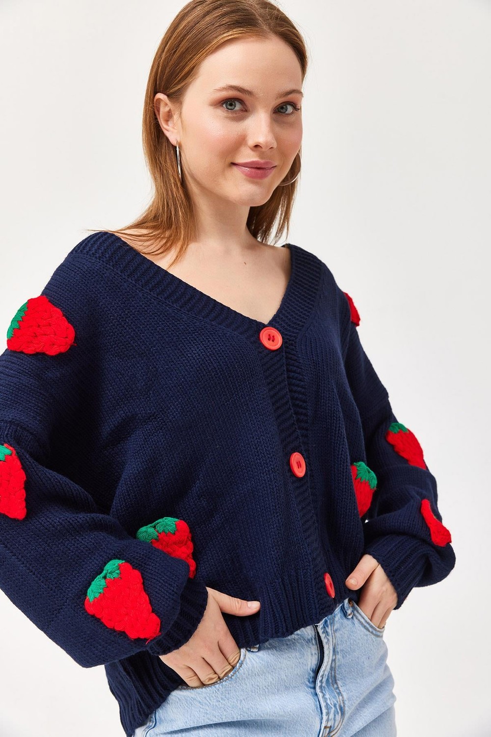 Çilek Motifli Oversize Triko Hırka Lacivert