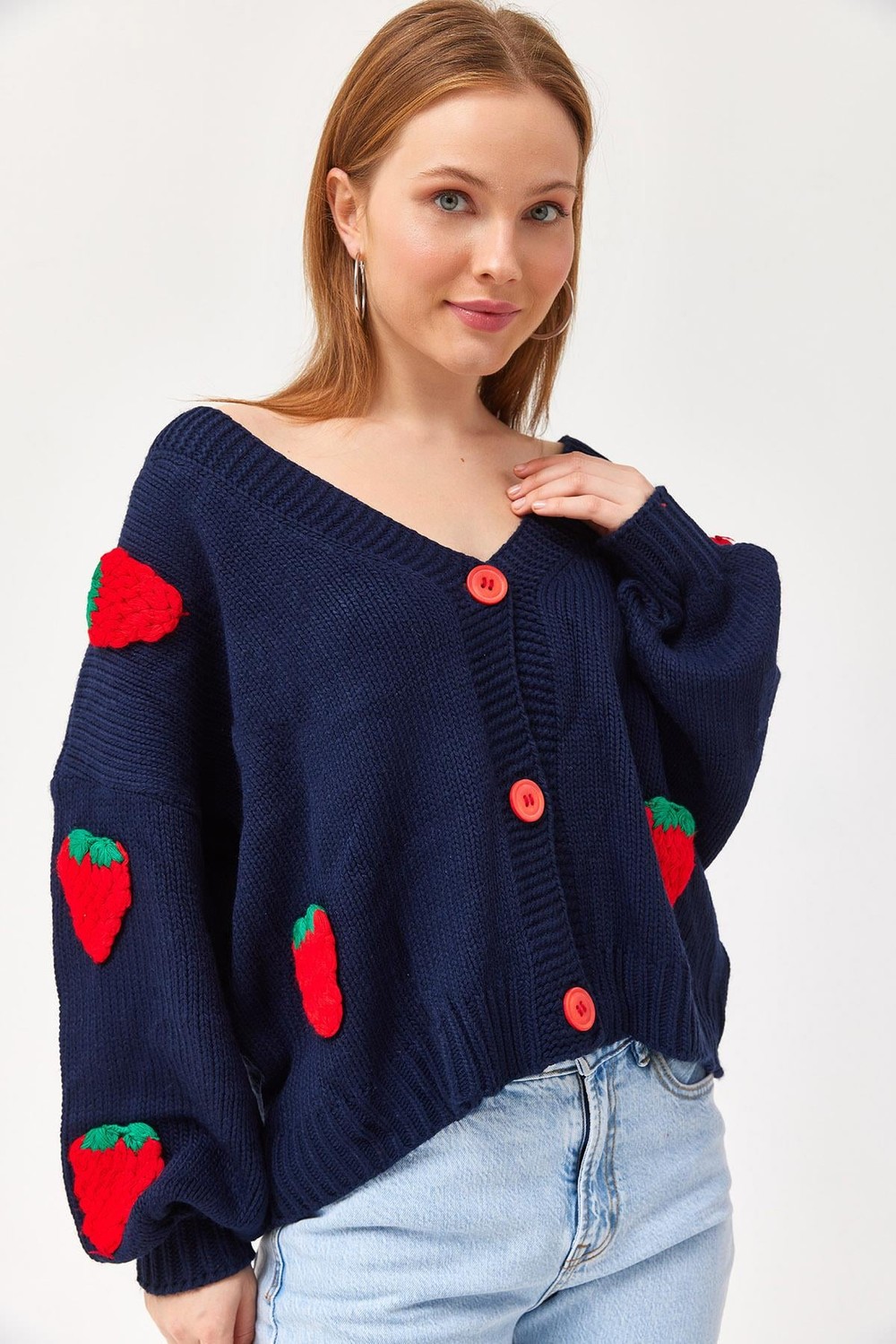 Çilek Motifli Oversize Triko Hırka Lacivert