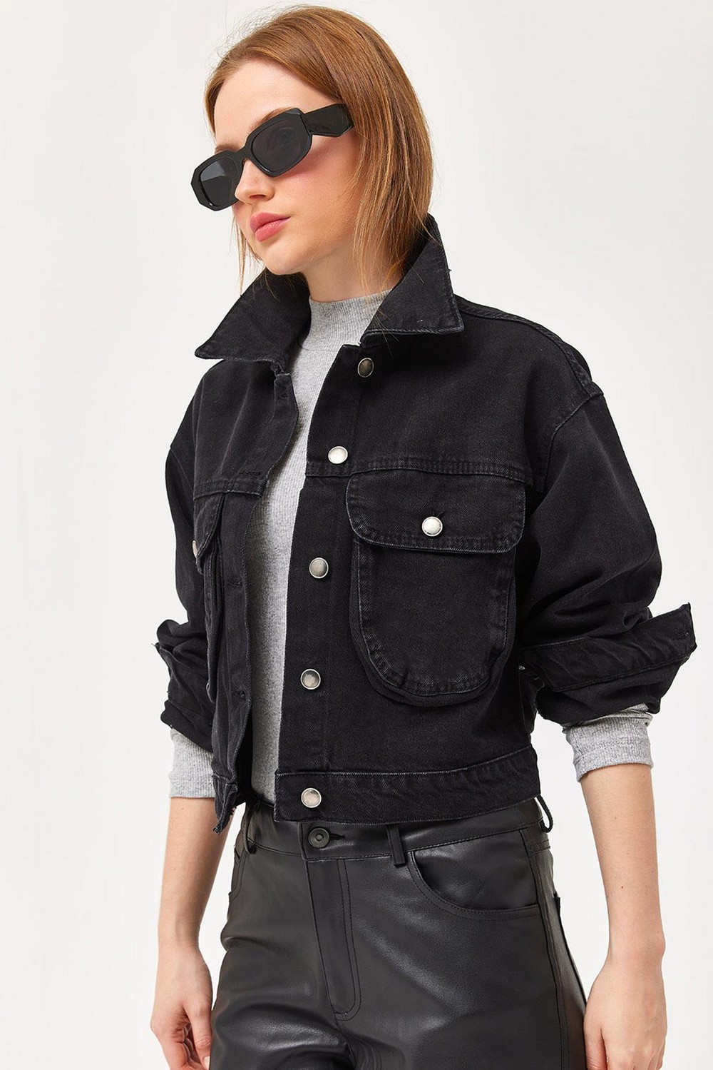 Crop Oversize Efektli Siyah Kot Ceket