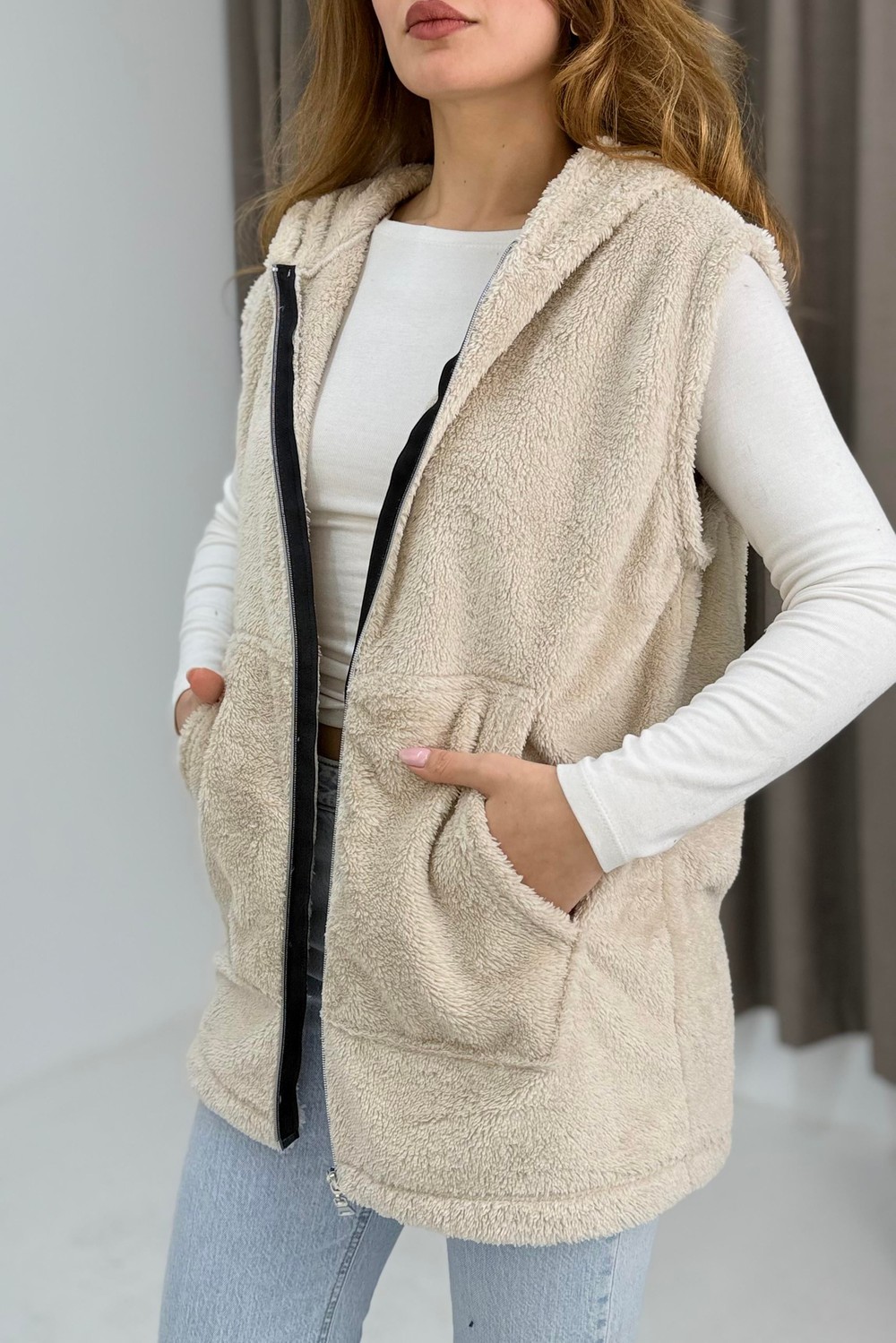 Kadın Kapüşonlu Kanguru Cepli Welsoft Sweat Bej