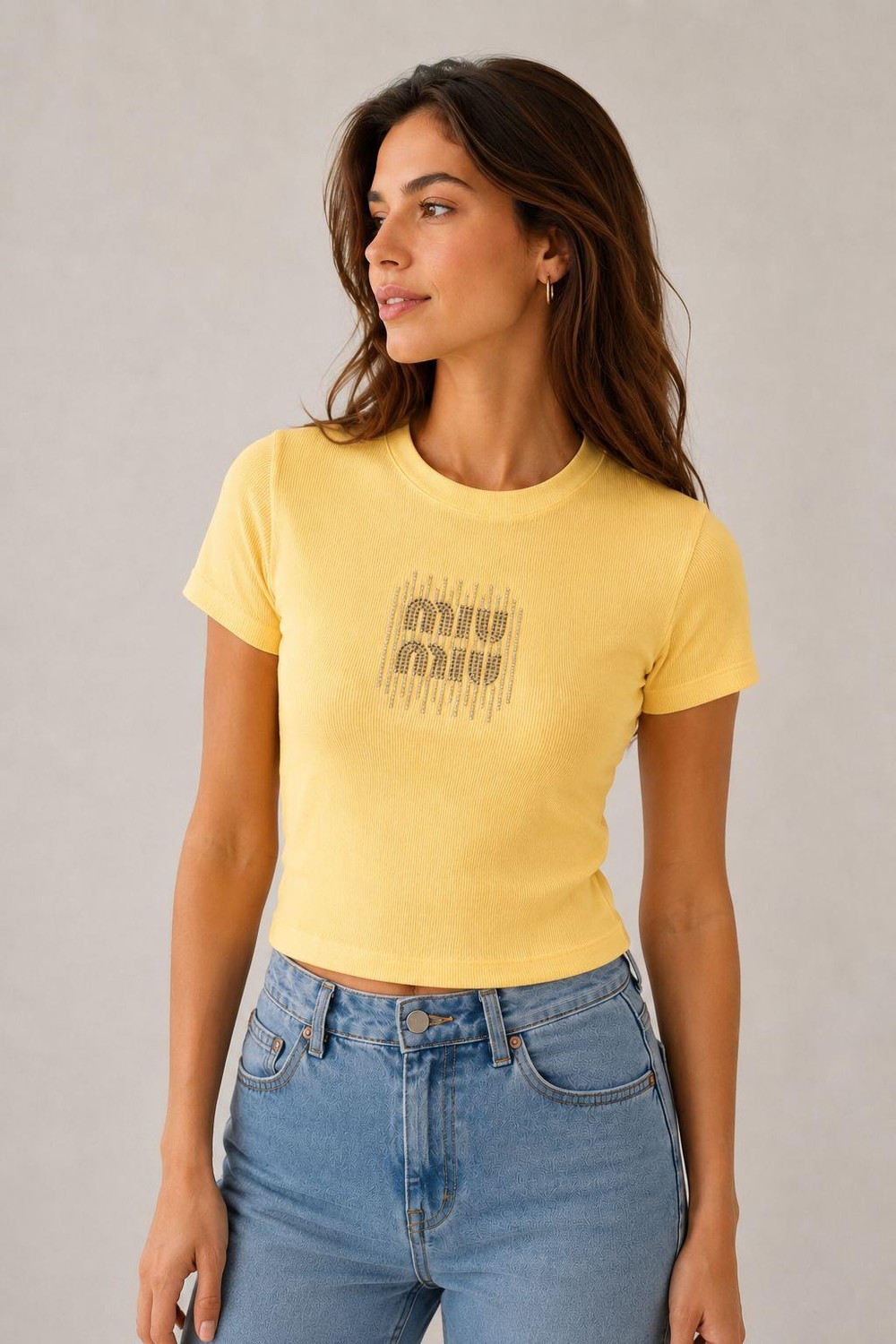 Kadın Bluz Yazı Taşlı Şık Crop Bluz Sarı