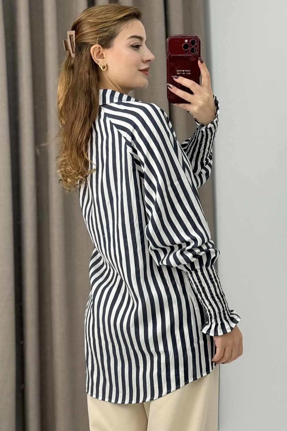Manşet Detaylı Oversize Şık Gömlek Lacivert