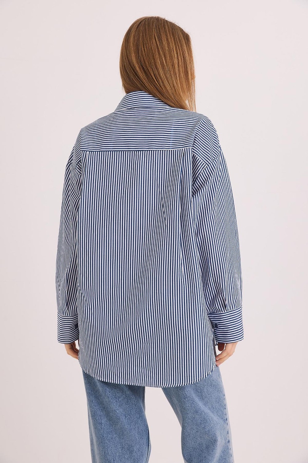 Çizgili Oversize Basic Gömlek Lacivert