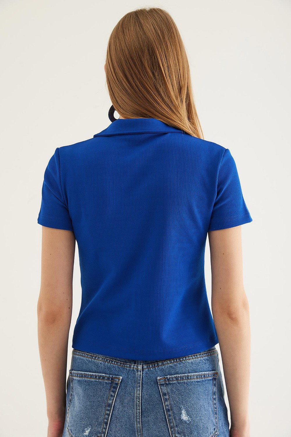 Polo Yaka Fermuarlı  Kaşkorse Bluz Saks	