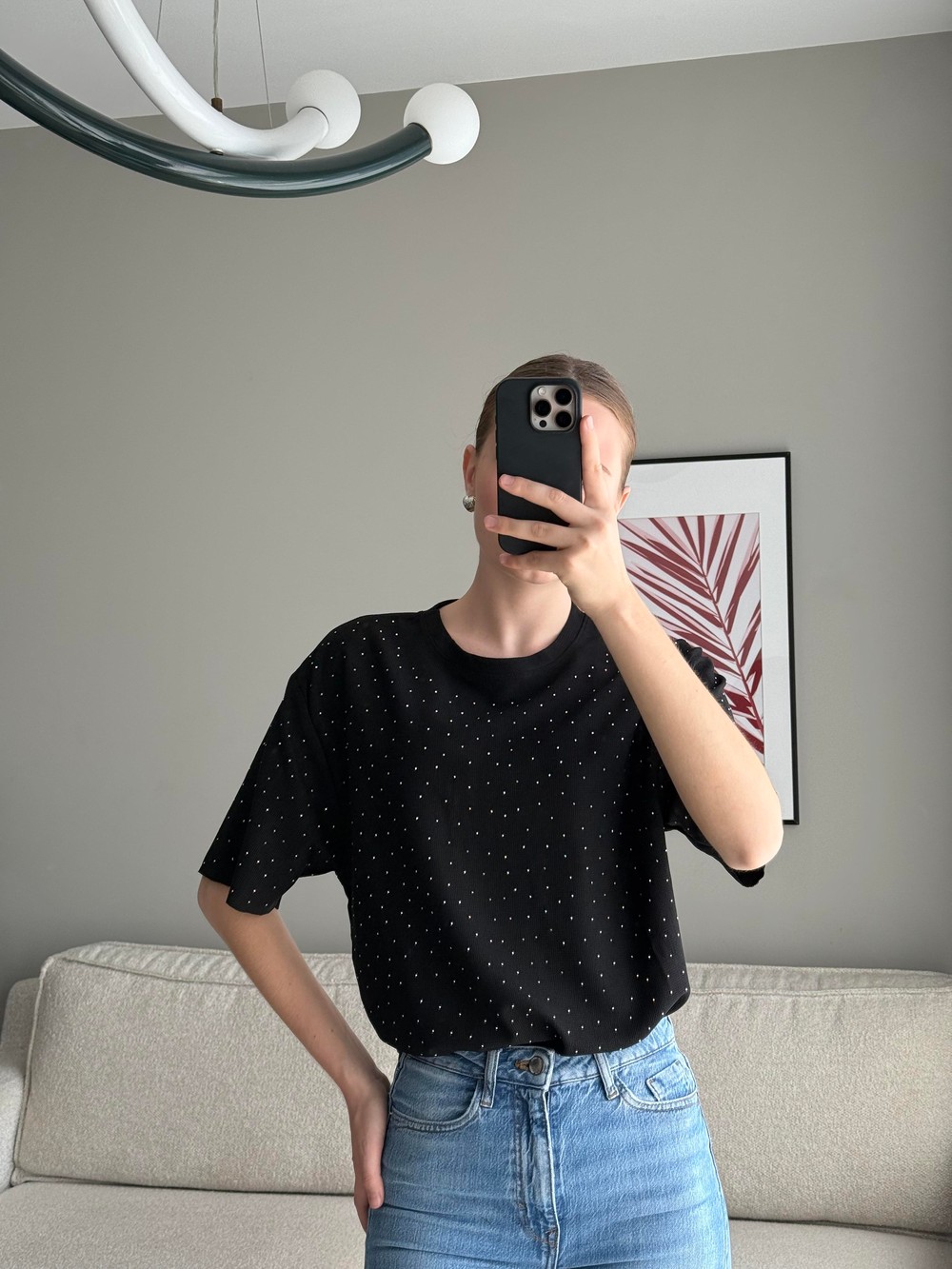 Oval Kesim Taş Baskılı Oversize Tshirt Siyah