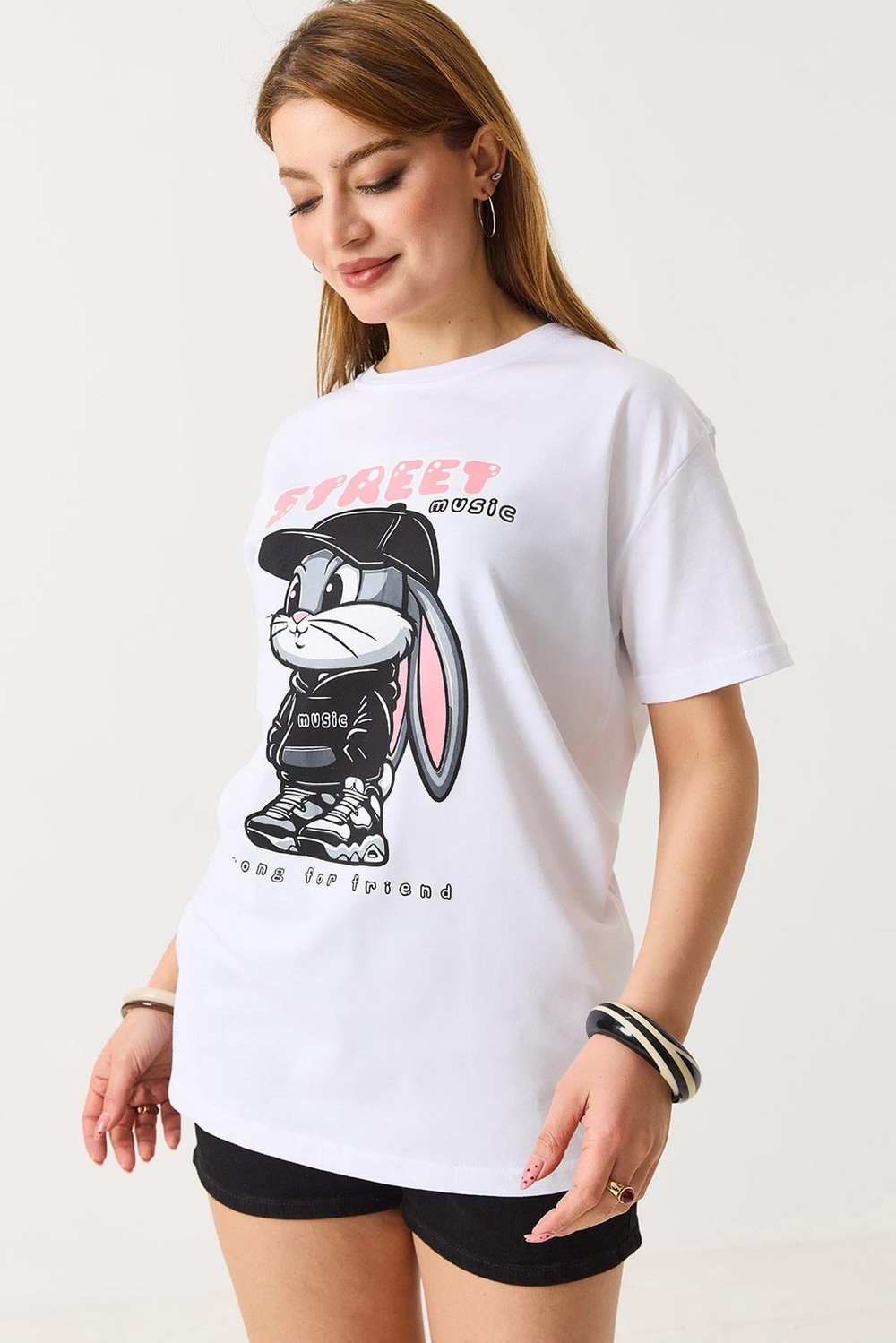 Kadın Baskılı Bisiklet Yaka Kısa Kol Tshirt Beyaz