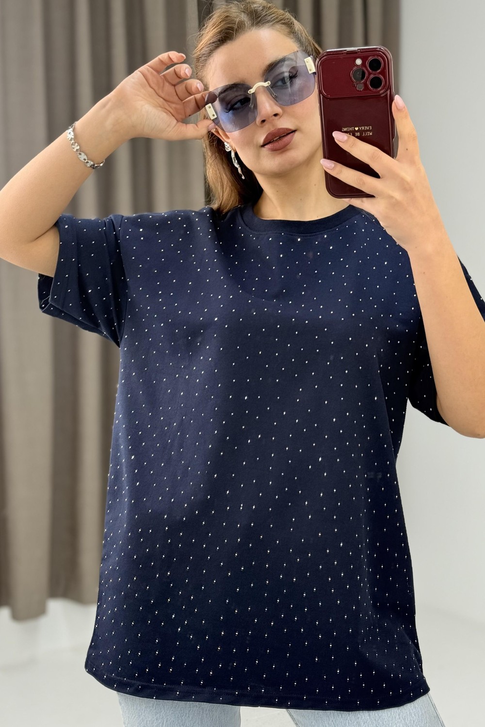 Bisiklet Yaka Taşlı Yarım Kol T-shirt Lacivert