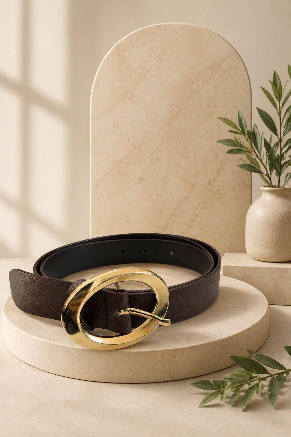 Gold Renk Oval Tokalı Kadın Kemer Acı Kahve