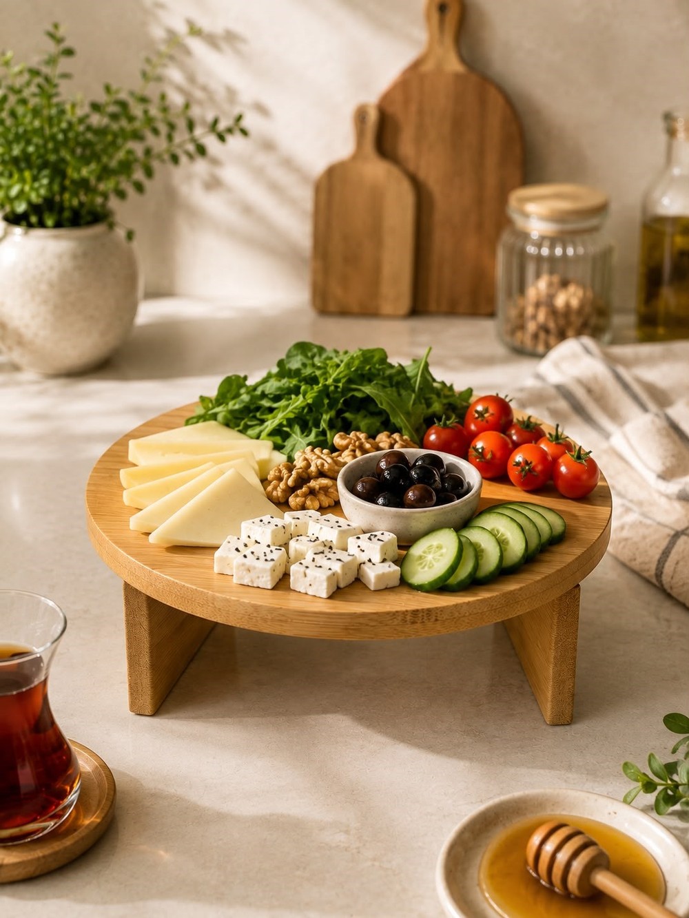Bambu Ayaklı Yuvarlak Sunum ve Servis Tabağı
