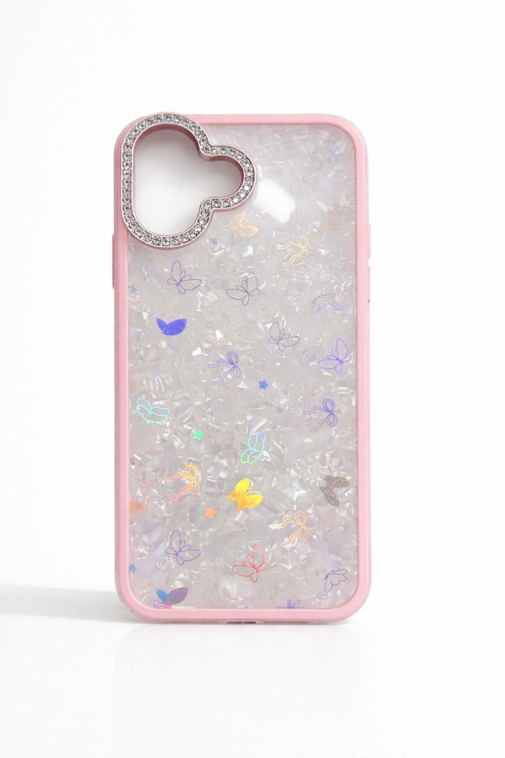 iPhone 16 Uyumlu Simli Kelebek ve Fiyonk Figürlü Kılıf Pembe