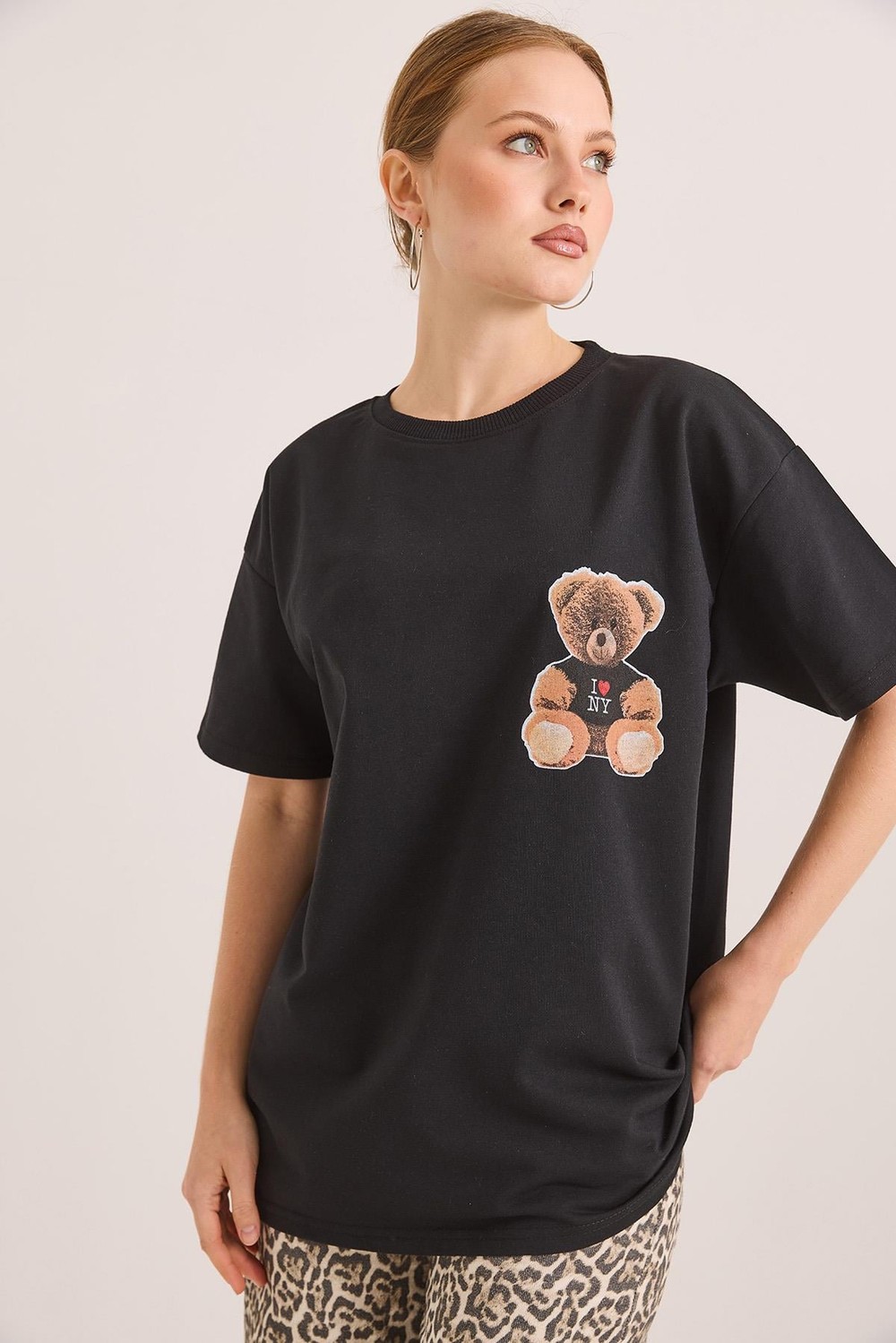 Ön Ve Arka Baskılı İki İp Oversize Örme Tshirt Siyah
