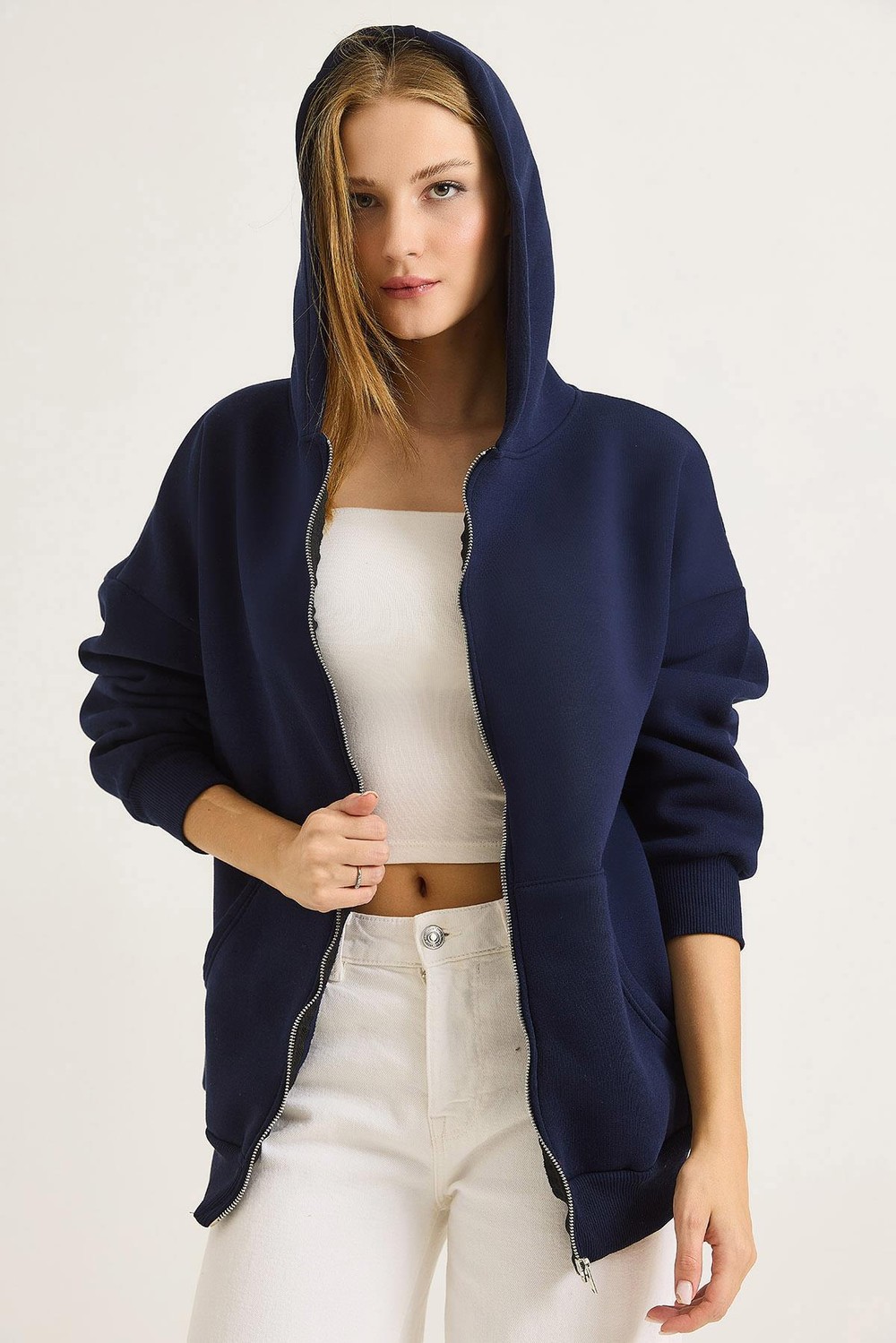 Kadın Oversize Kapüşonlu Fermuarlı Hırka Lacivert