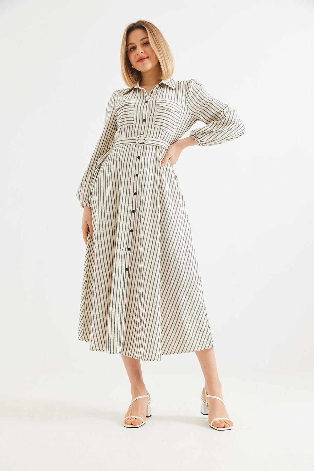 Belden Oturtmalı Çizgi Desenli  Gömlek Elbise Krem