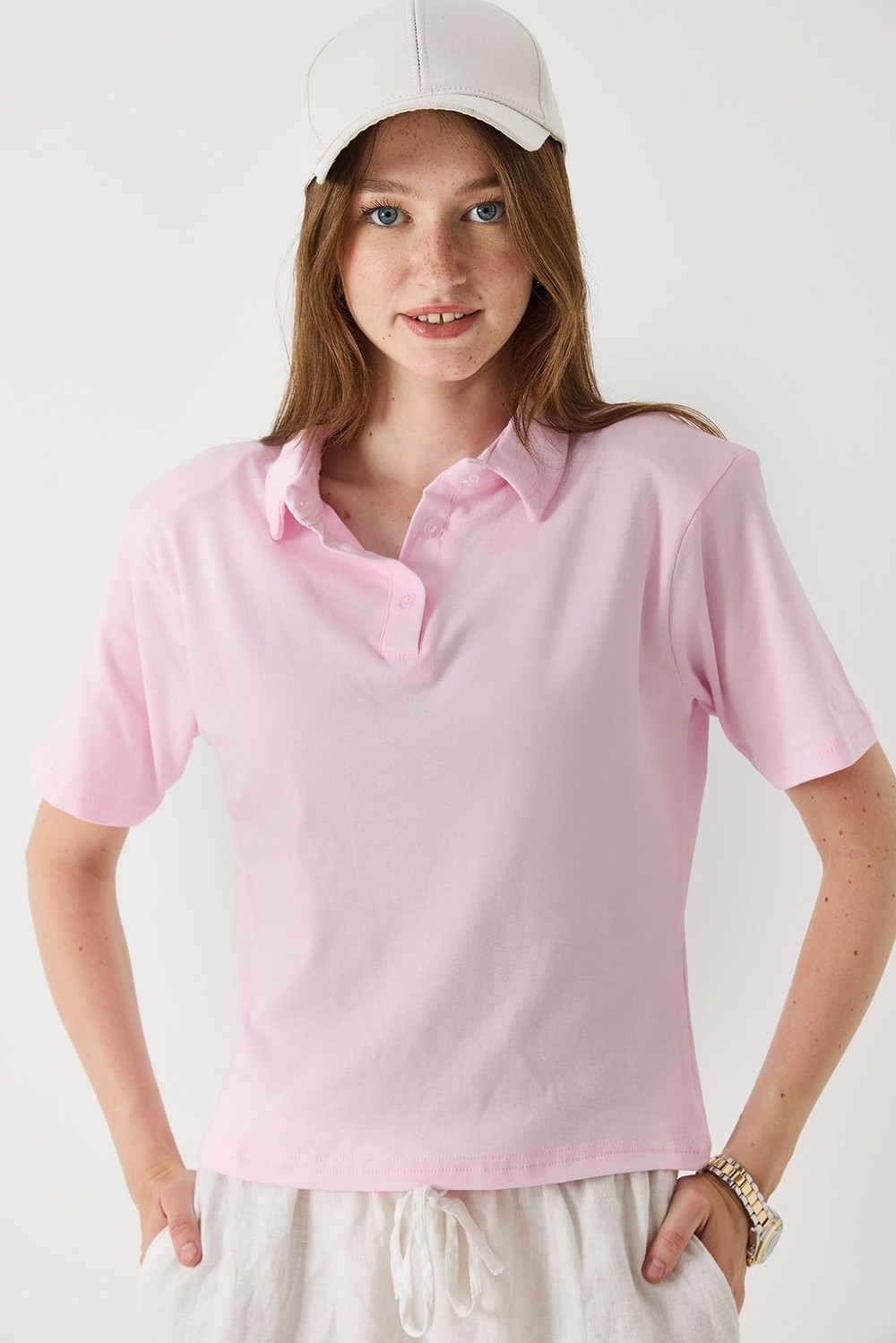 Kadın Vatkalı Polo Yaka Tshirt Pembe 