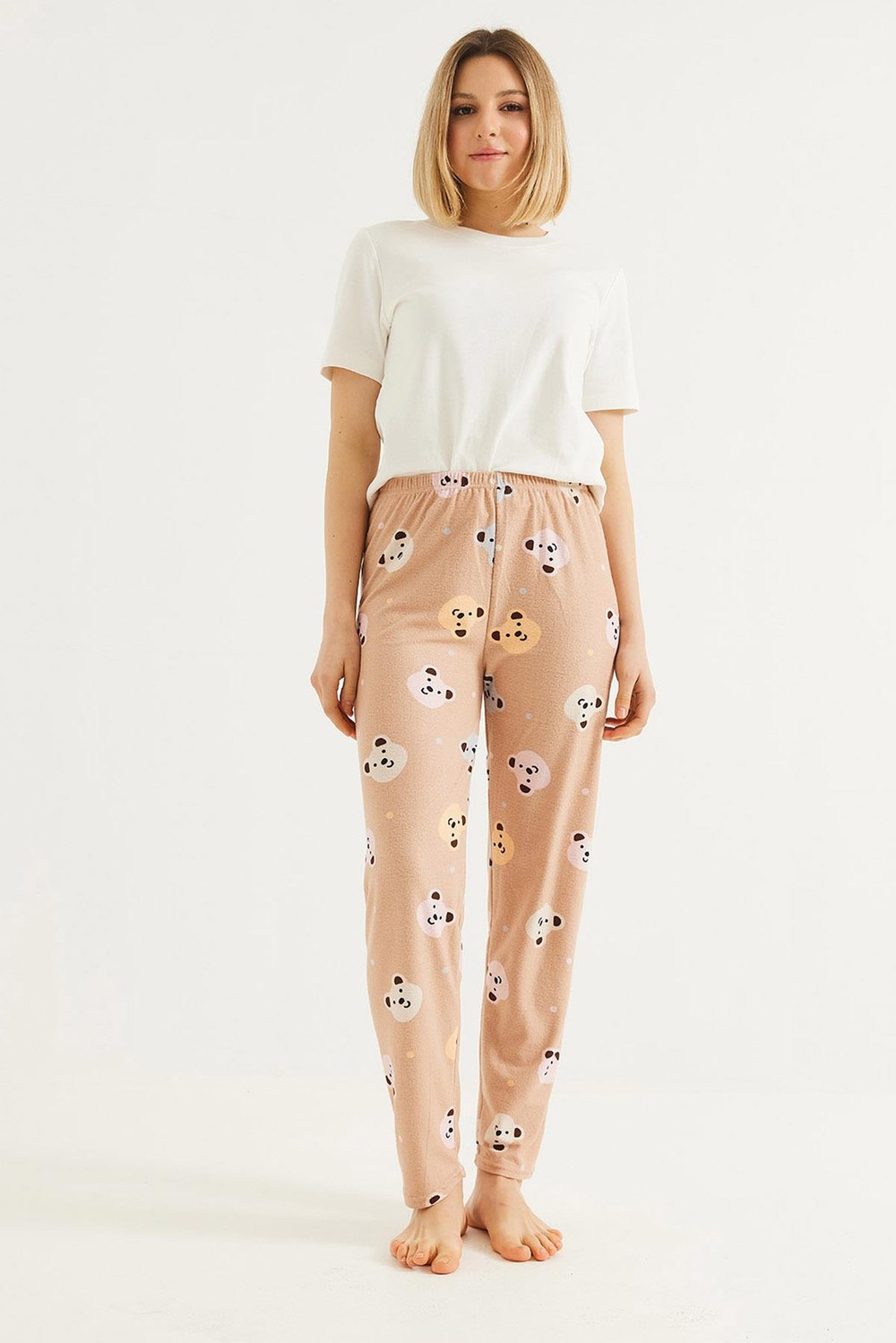 Beli Lastikli Kadın Pijama Altı Pudra