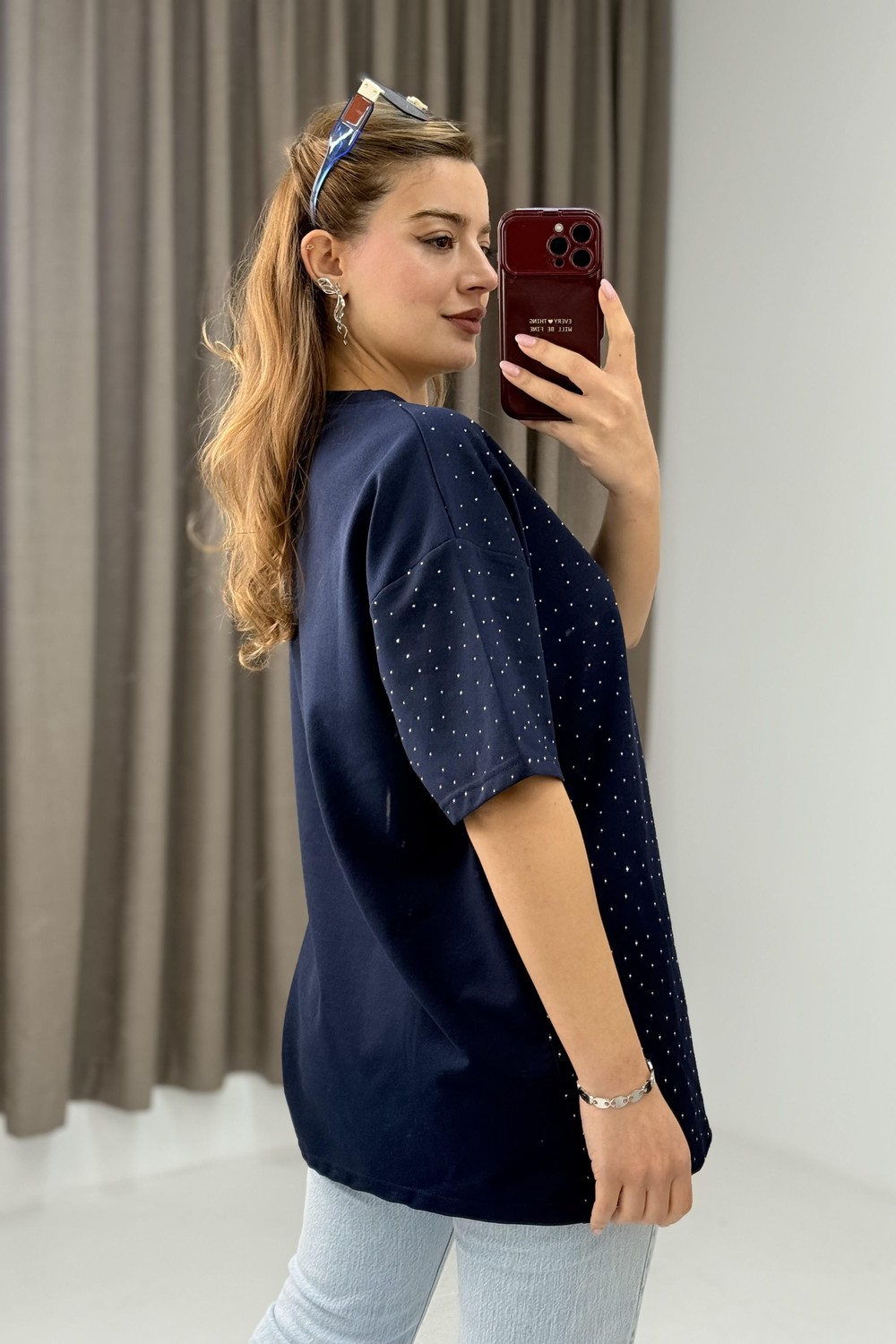 Bisiklet Yaka Taşlı Yarım Kol T-shirt Lacivert