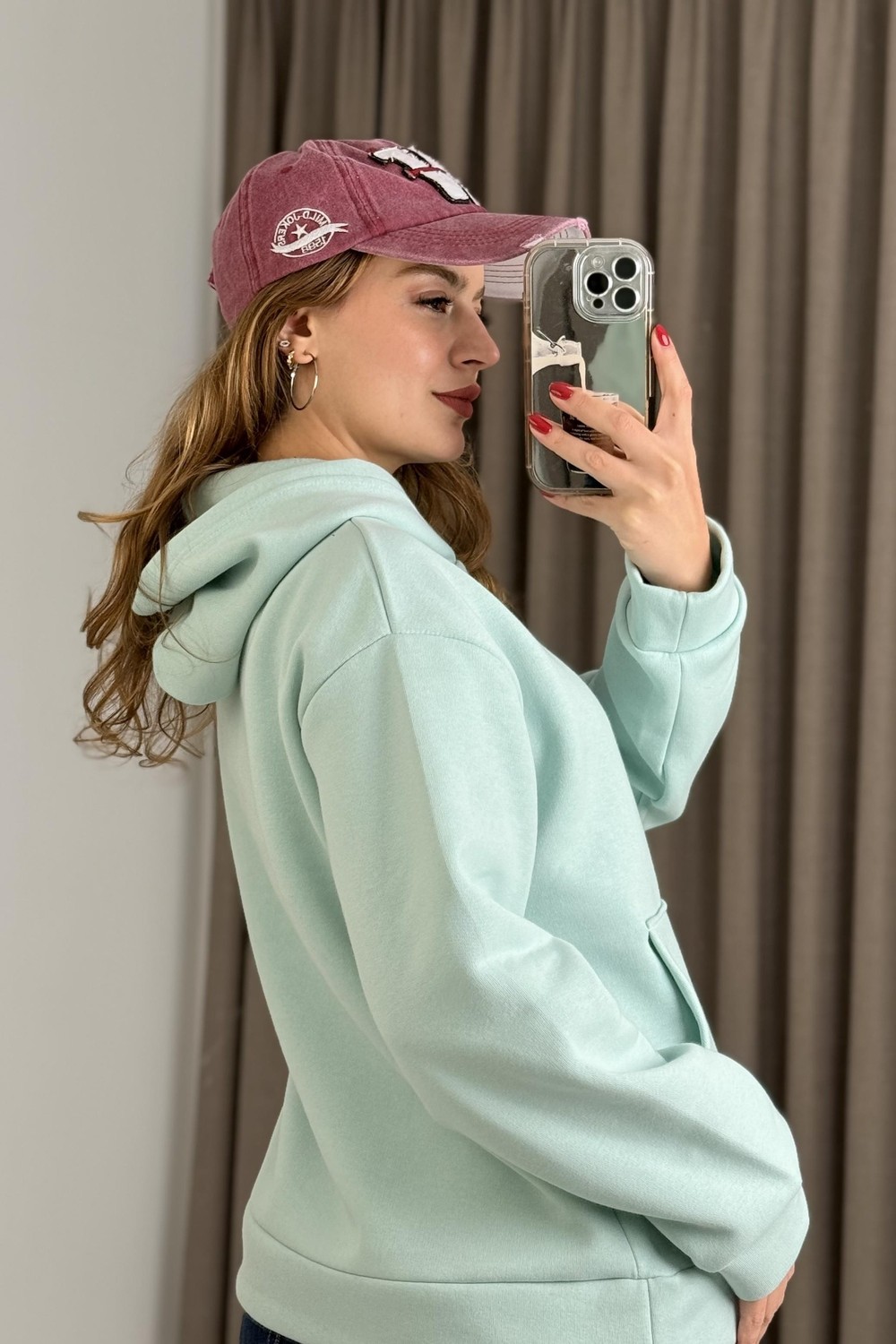 Üç İplik Mavi Şardonlu Kangru Cepli Kapişonlu Sweat