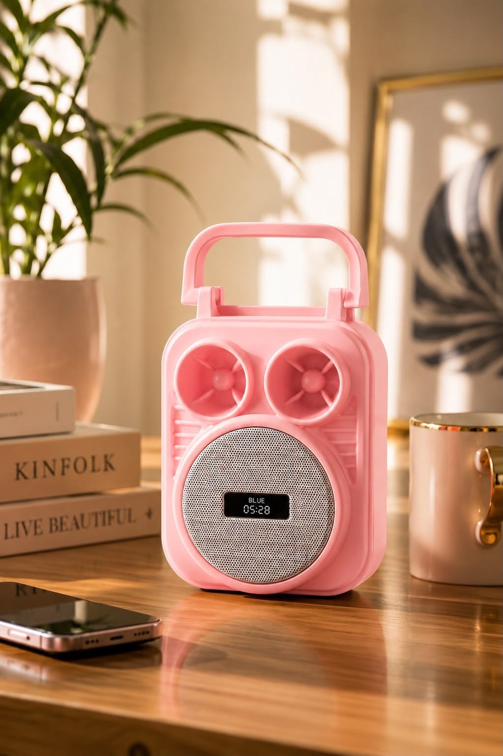 Telefon Tutuculu Mini Taşınabilir Kablosuz Hoparlör Pembe