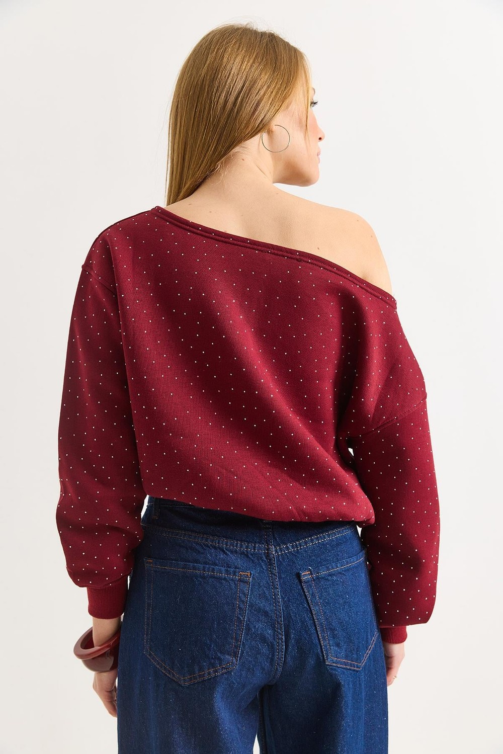Kadın Bordo Serpme Taşlı  Kayık Yaka Üç İplik Şardonlu Sweat