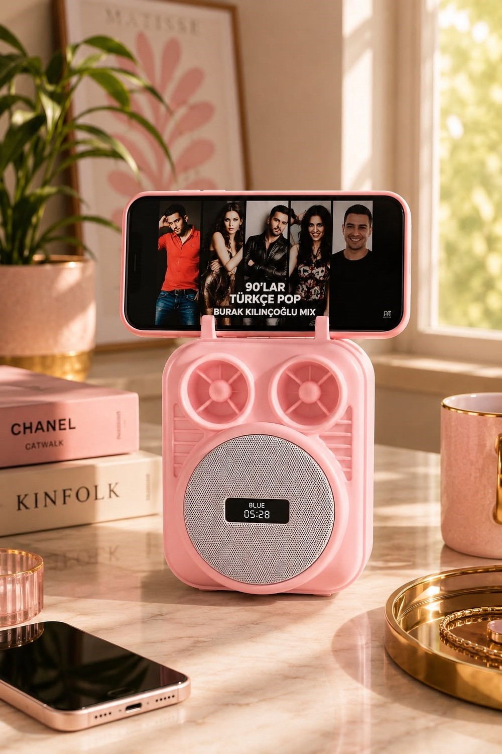 Telefon Tutuculu Mini Taşınabilir Kablosuz Hoparlör Pembe