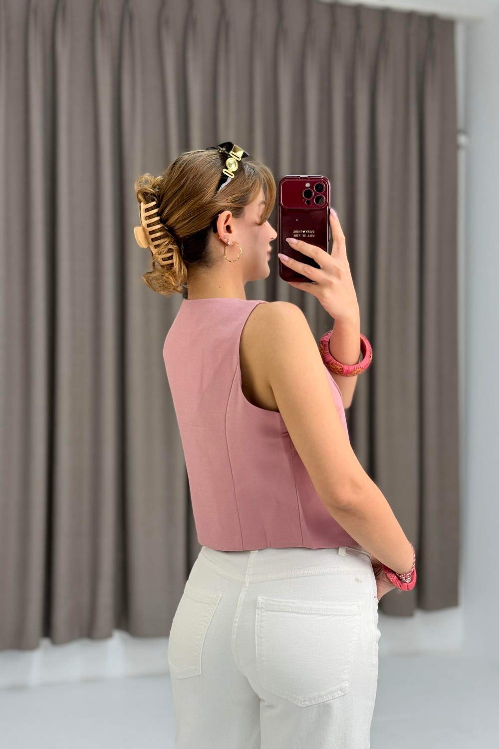Kadın Kalın Askılı Önden Mini Yırtmaçlı Yelek Pembe