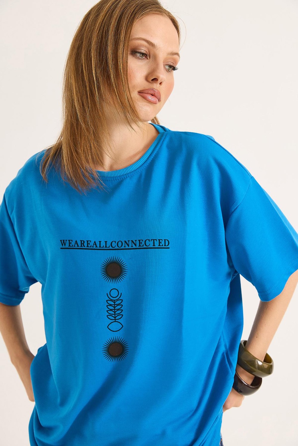 Bisiklet Yaka Kısa Kol Baskılı Tshirt Mavi