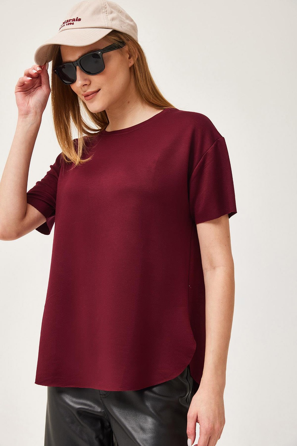 Oysh Yumuşak Dokulu Eteği Oval Modal Tshirt Bordo