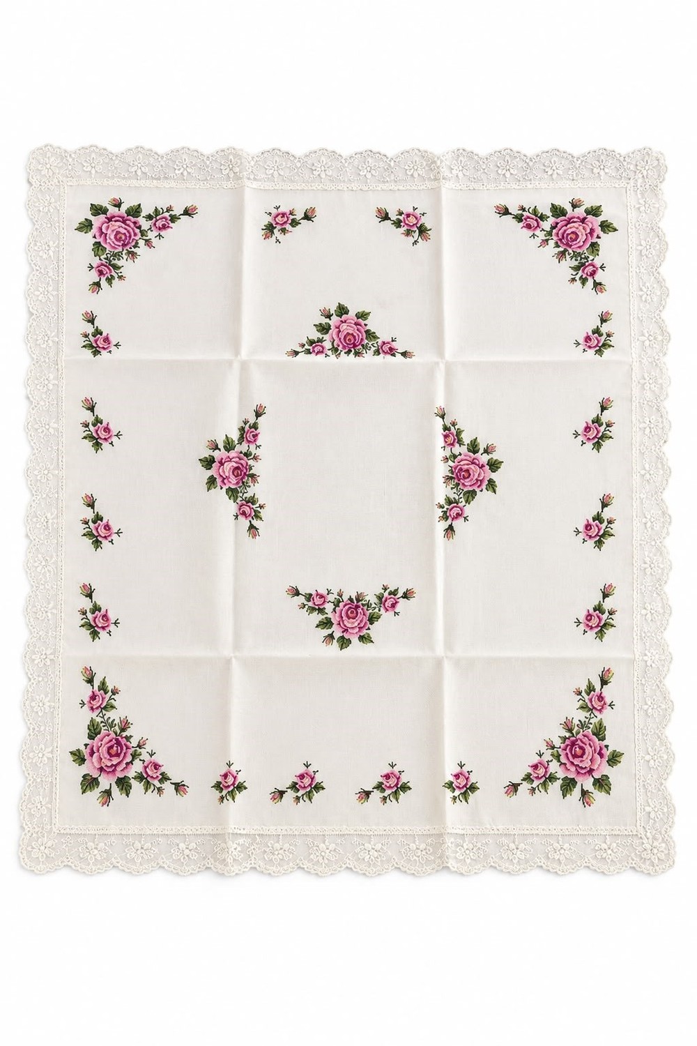 Çiçek Desenli Dantel Detaylı 90x90cm Ölçülü Fiskos Örtüsü Krem