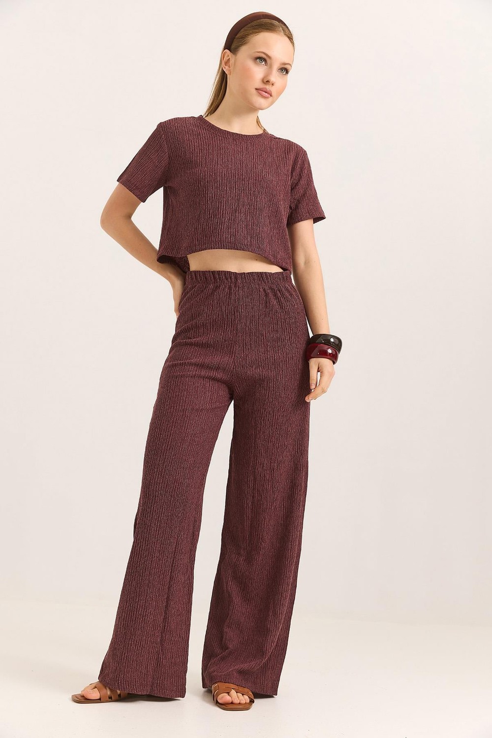 Bürümcük Kumaş İkili Crop Takım  Bordo