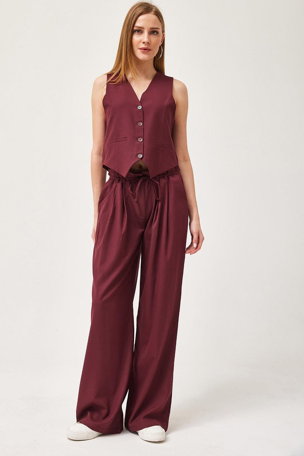 Regular Fit Blazer Yelek Crop Düz Düğmeli Bordo