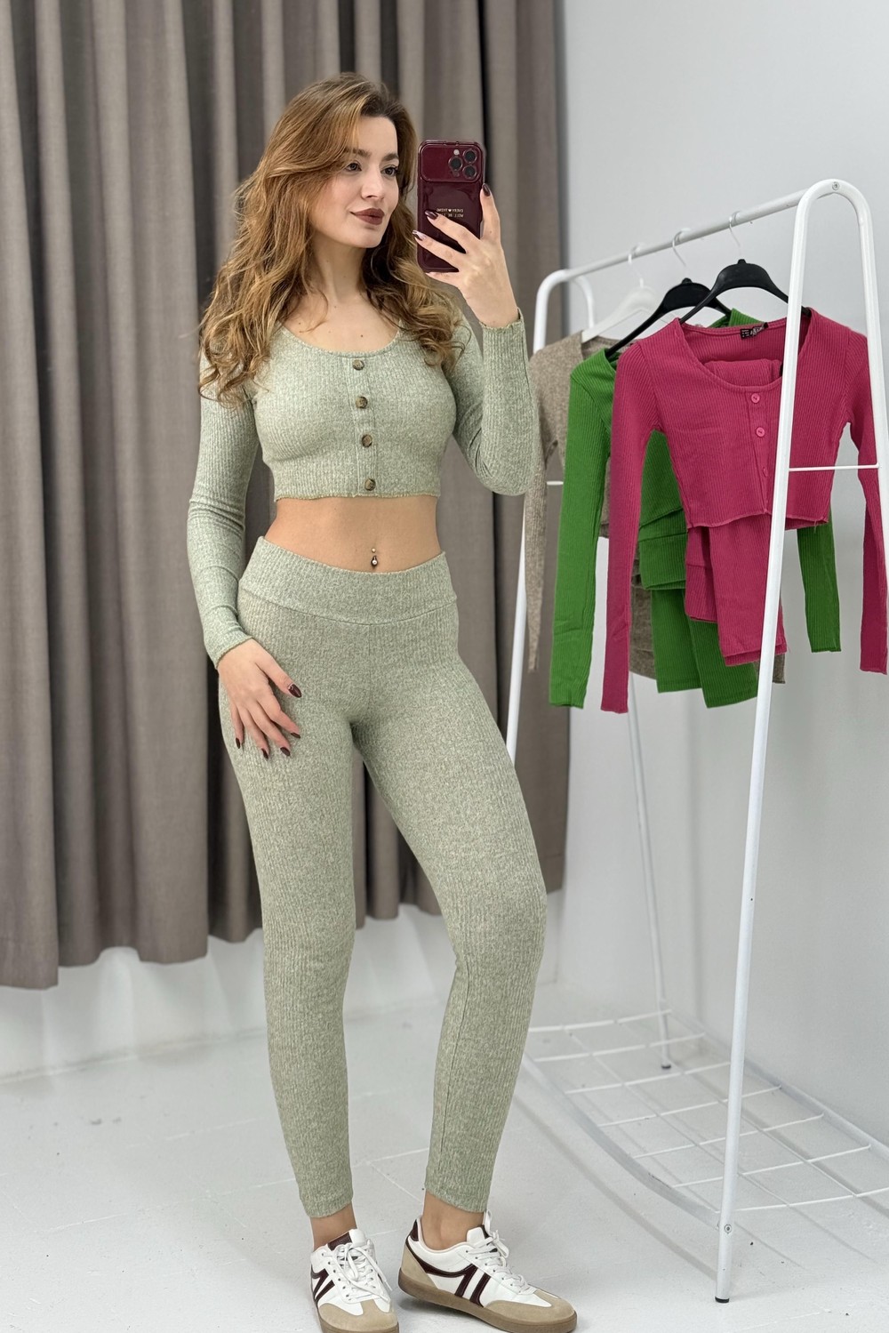 Kadın Düğmeli Crop Tayt İkili Fitilli Takım Açık Yeşil