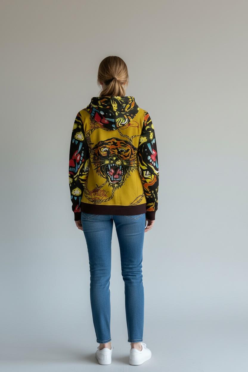 Kadın Fermuarlı Kapüşonlu Sarı Vintage Sweatshirt