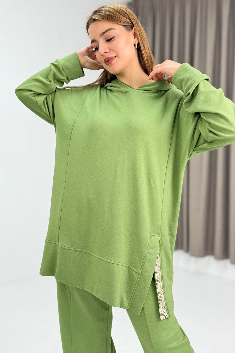 Kadın Paça Detaylı Kapüşonlu Oversize Eşofman Takım Yeşil