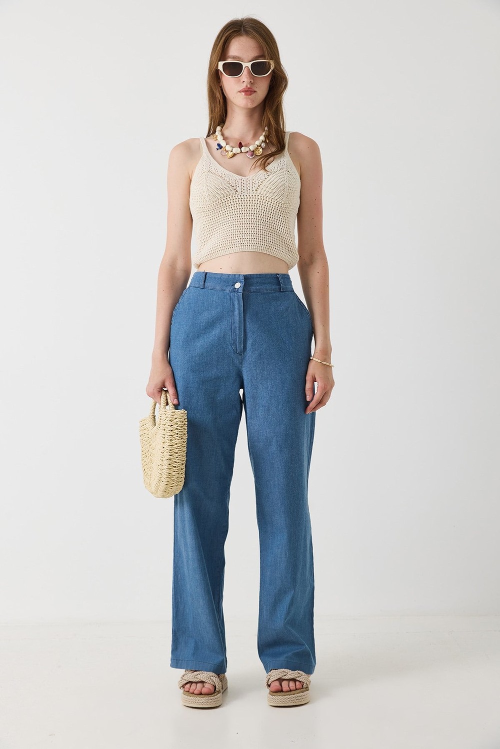 Kadın Beli Lastikli Geniş Paça Rahat Kesim Pantalon Mavi