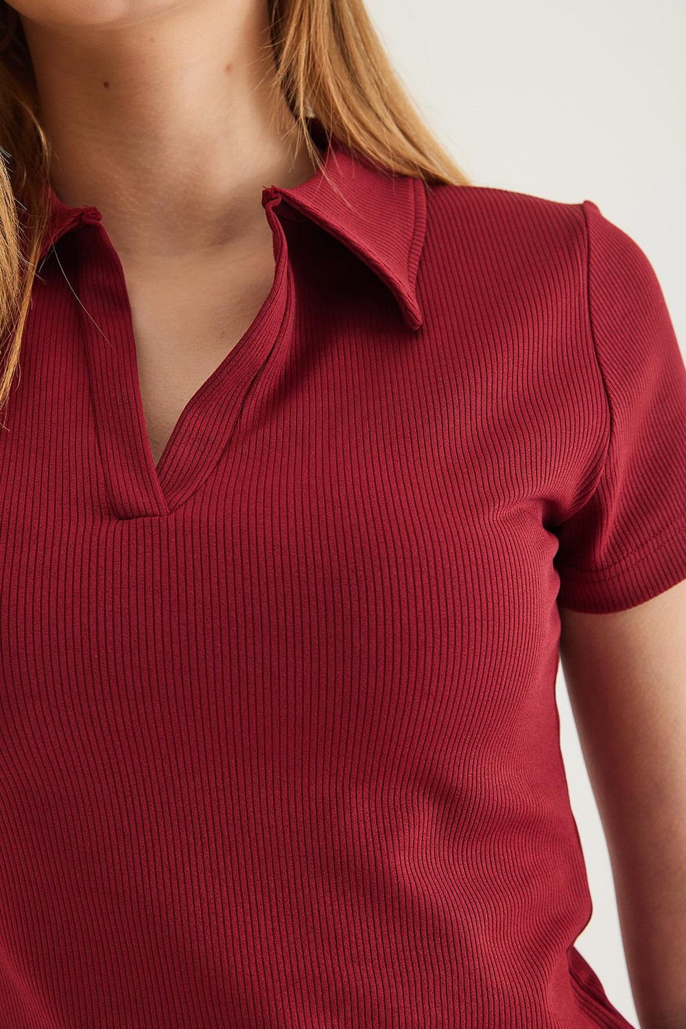 Polo Yaka Kadın Kısa Kol Bluz Bordo