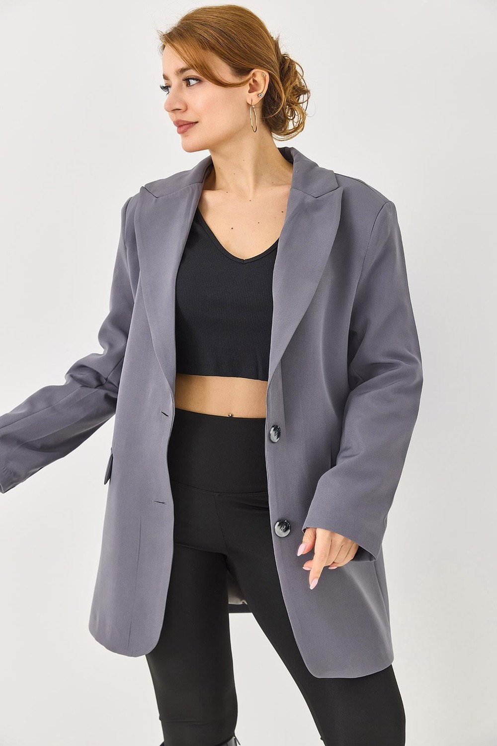 Kadın Oversize Kumaş Blazer Ceket Füme