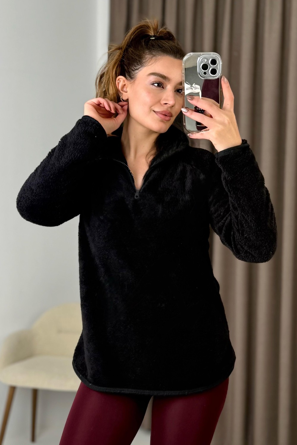 Kadın Yarım Fermuarlı  Welsoft Peluş Siyah Sweatshirt 