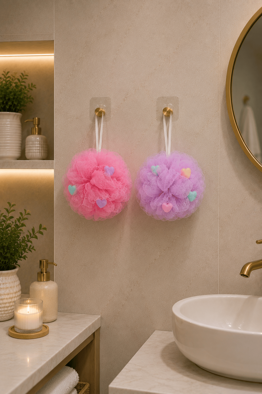 2li Kalp Desenli Pofuduk Banyo Lifi & Süngeri Pembe Lila
