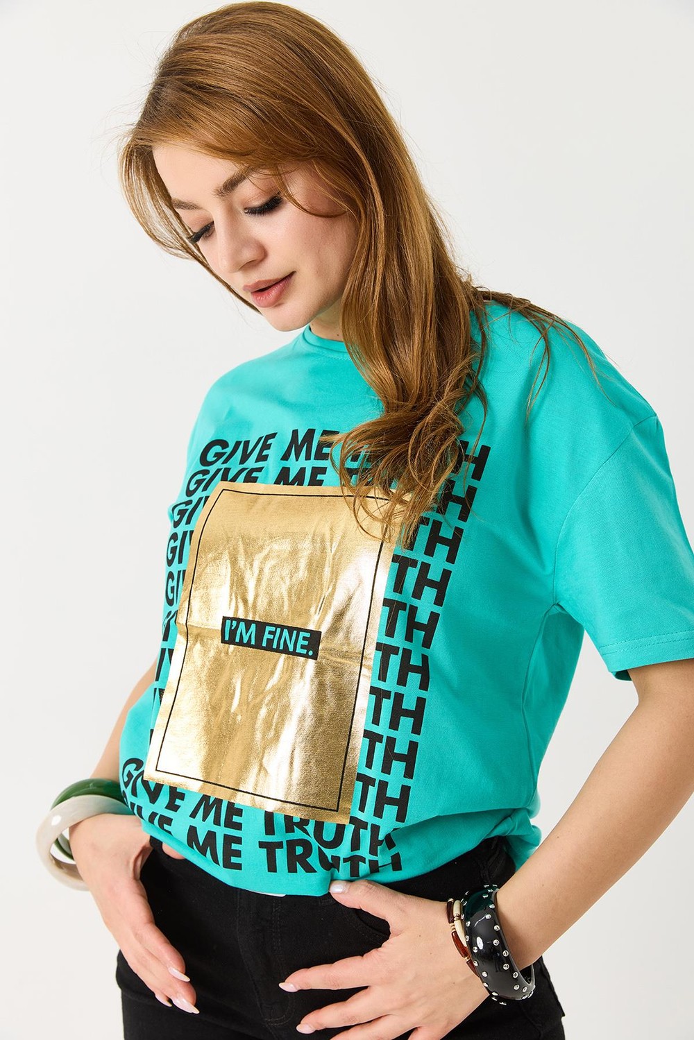 Kadın Dokulu I M Fıne Yazılı Bisiklet Yaka Tshirt Yeşil