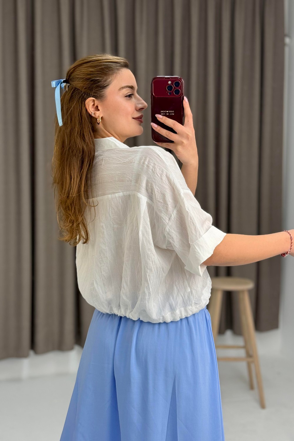 Kadın Beli Büzgülü Crop Bol Kesim Gömlek Beyaz