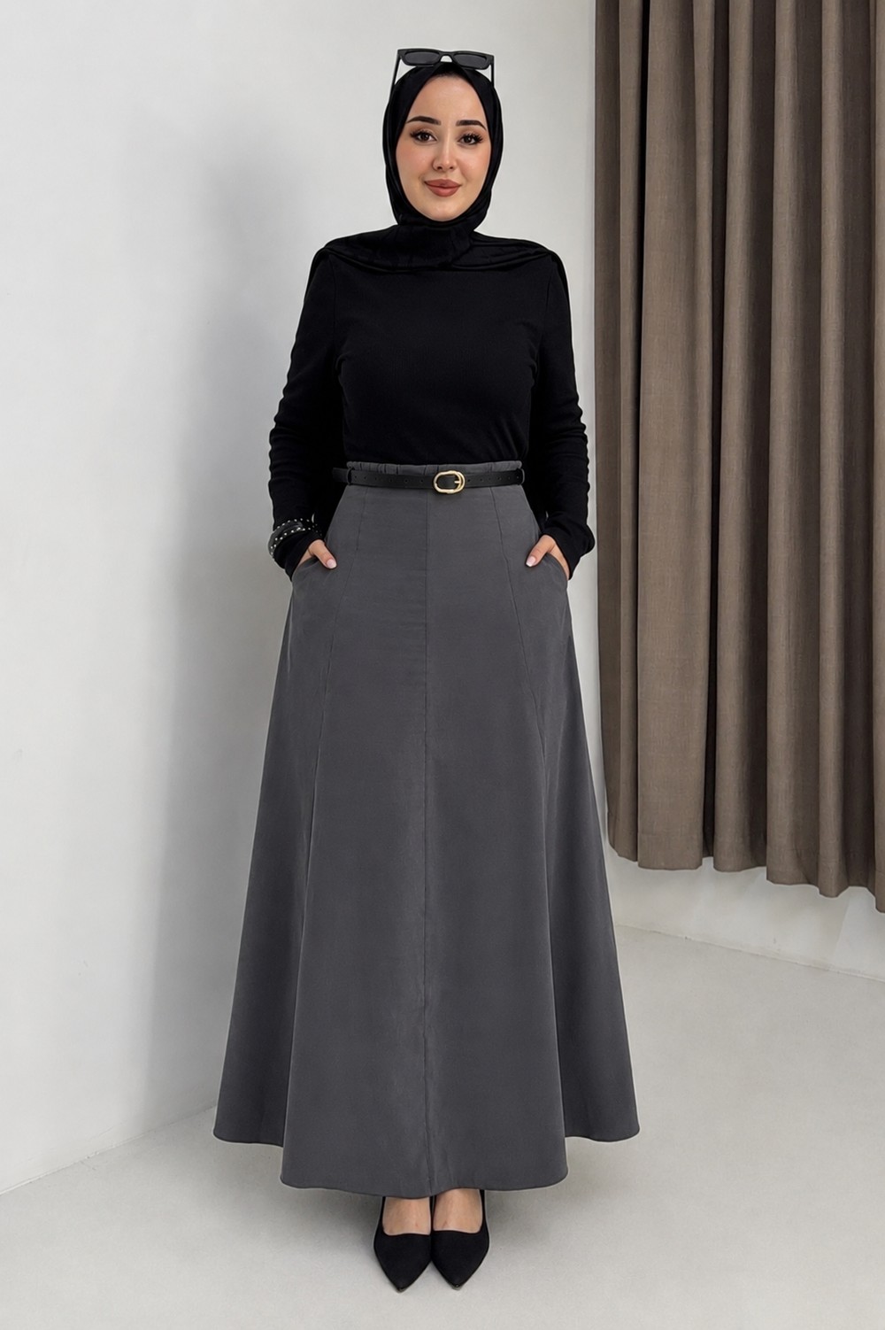 Kadın Uzun  Cepli Beli Lastikli Etek Antrasit